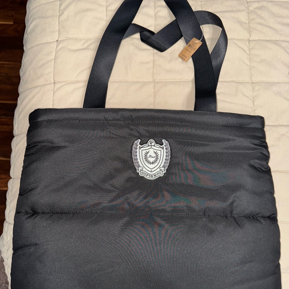 Pink/Victoria’s Secret Black Puffer Tote Bag with Embroidered Crest